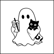 Load image into Gallery viewer, Ghost Holding Cat And Drink With Ice Cubes Vinyl Decal