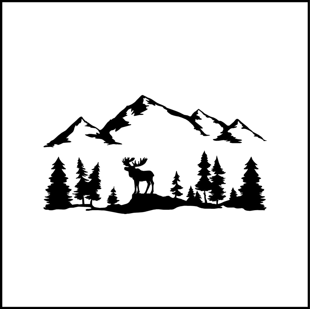 Mountains With Moose And Trees Vinyl Decal/Sticker