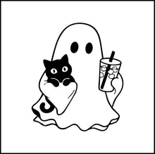 Load image into Gallery viewer, Ghost Holding Cat And Drink With Ice Cubes Vinyl Decal
