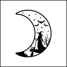 Load image into Gallery viewer, Witch Halloween Scene in Crescent Moon Vinyl Decal
