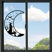 Load image into Gallery viewer, Witch Halloween Scene in Crescent Moon Vinyl Decal
